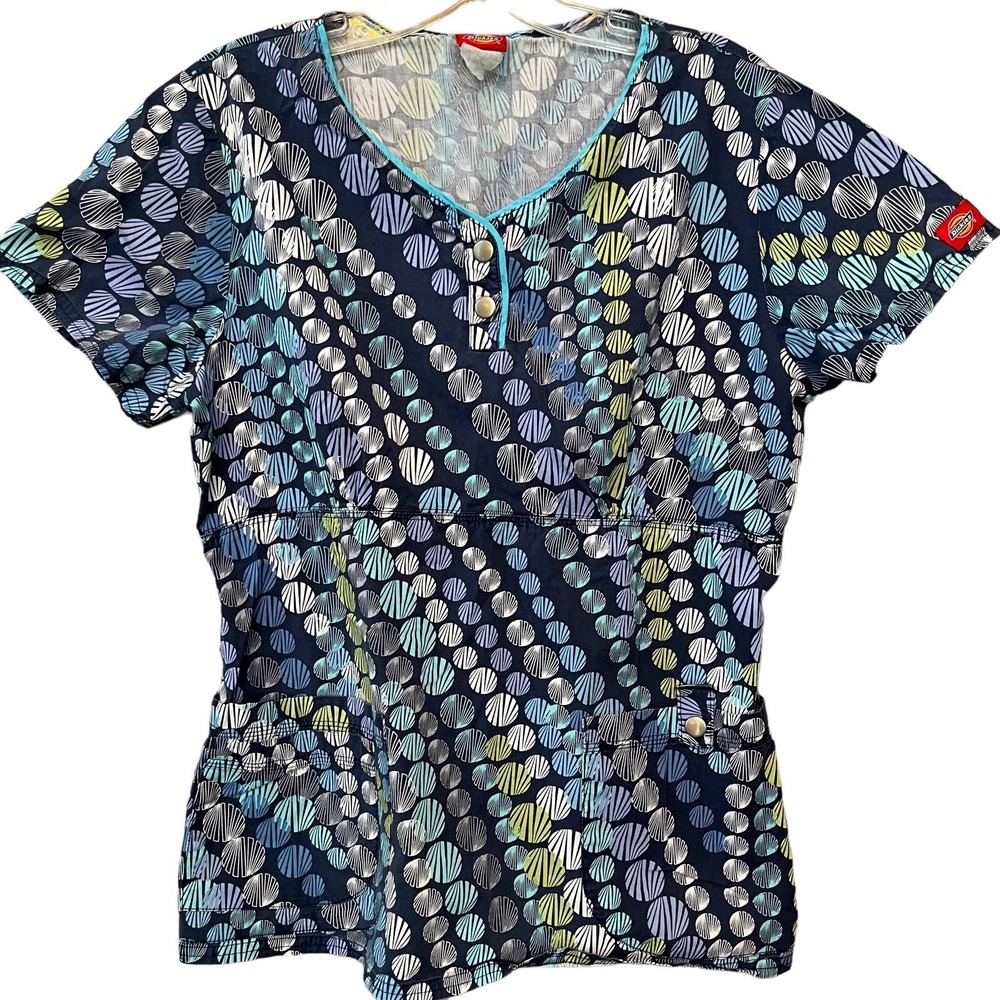 Dickies Scrub Top Womens Small Blue Multi Color Pockets Doctor Medical Office